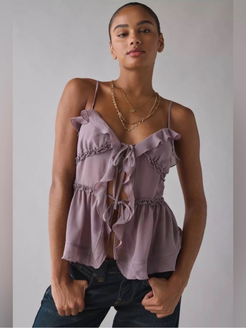 Urban Outfitters Kimchi Blue Beau Cascading Ruffle Tie-Front Flyaway Cami Large